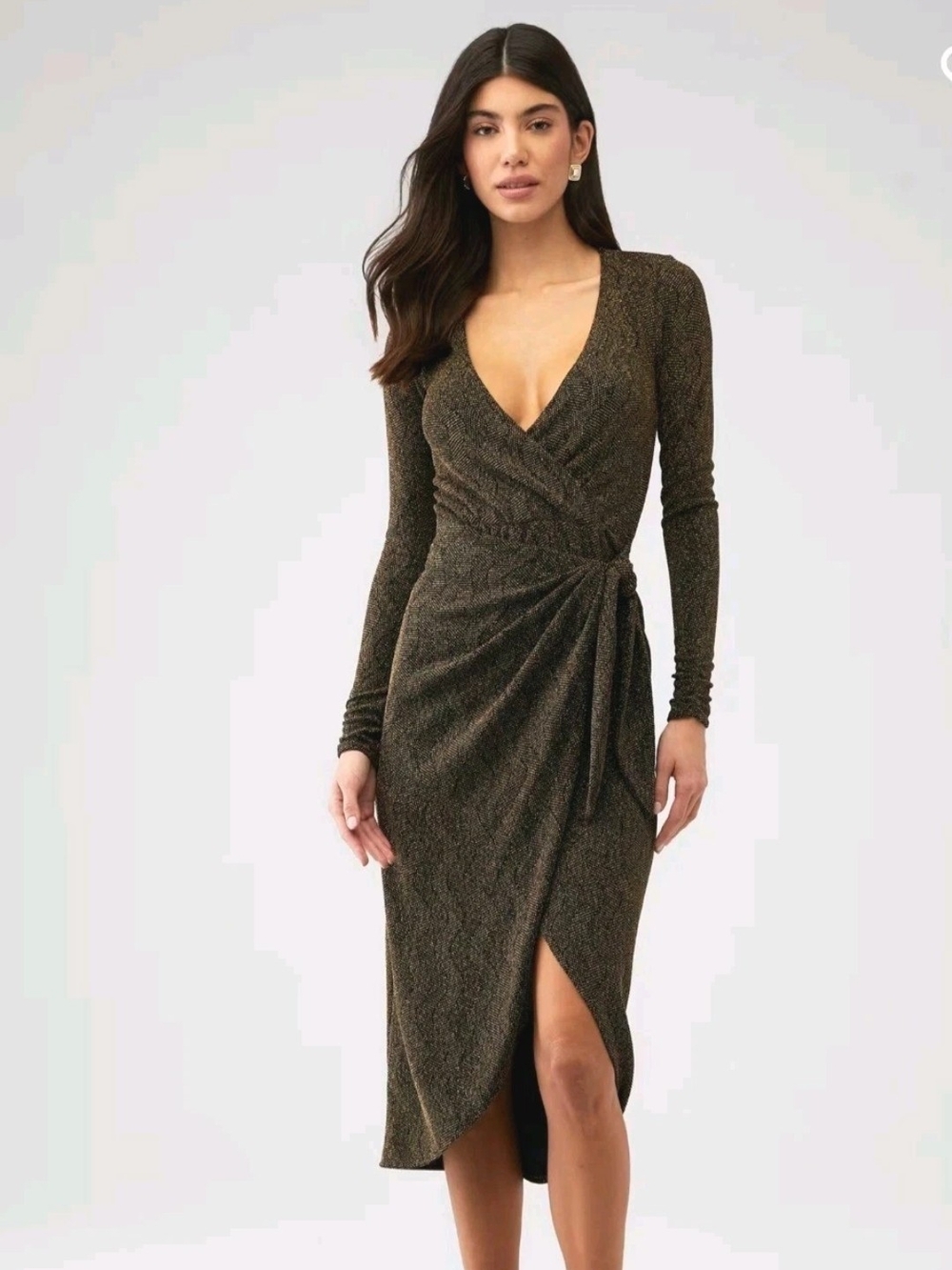 NWT Show Me Your Mumu Midi Length Kimora Wrap Dress Sz Small Gold Black Stretch